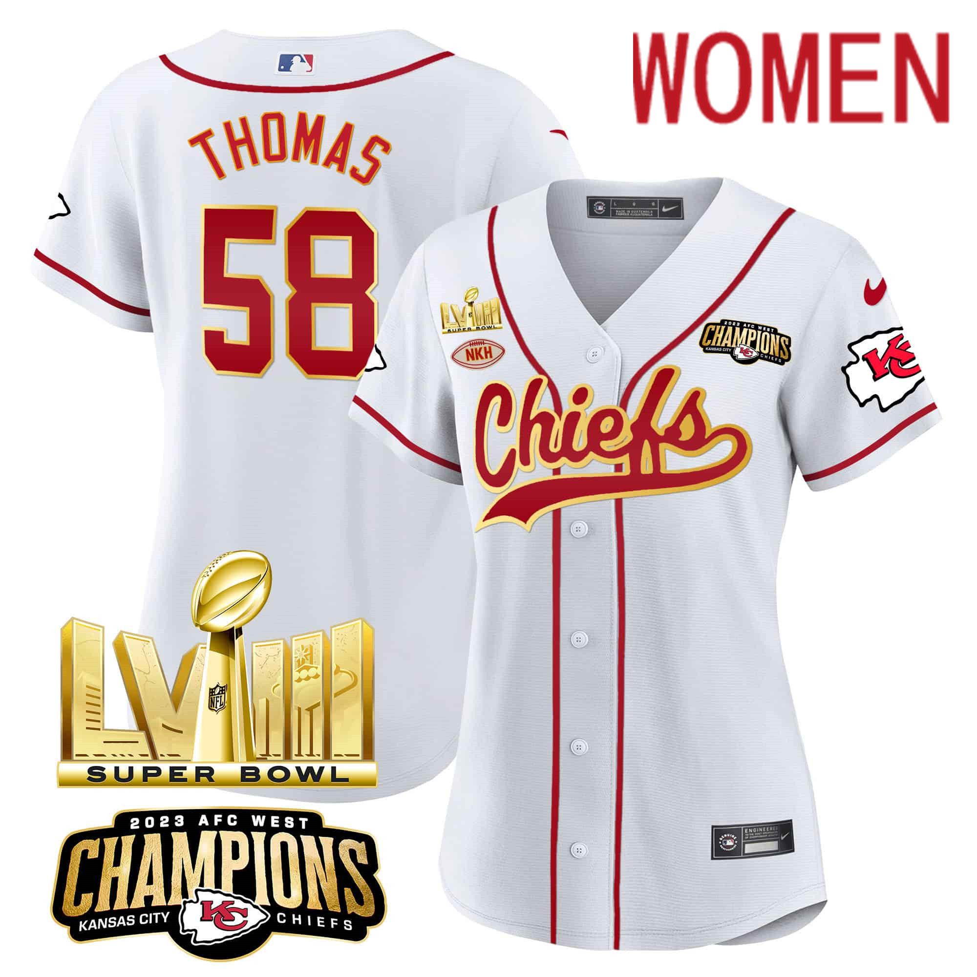 Women Kansas City Chiefs 58 Thomas White 2024 Nike Super Bowl LVIII Back 2 Back Gold Patch Baseball NFL Jersey